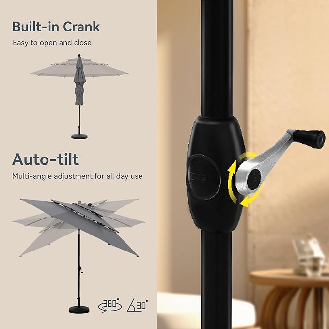 PHI VILLA 10ft Outdoor Patio Umbrellas for Outside, 3 Tier Vented Market Table Umbrella Windproof for Backyard, Deck, Garden, 1.5" Pole, Grey（No Base）