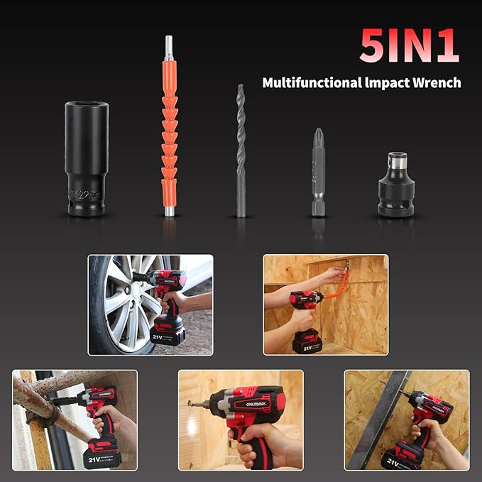 Cordless Impact Wrench - 550N.m(406Ft-lbs)1/2, impact gun, 3300RPM, with 4-Mode Speed, 2 Battery & Charger, 5 Sockets 8 Drill 6 Screws, Electric Impact Wrench for Car/DIY Furniture/Lawn Mowe