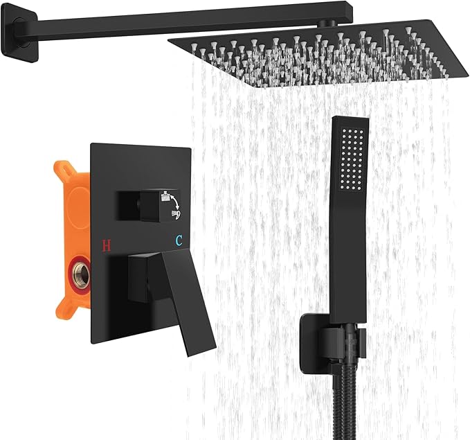Bathroom Shower Faucet Set，10 Inch Rain Shower Head with Handheld Spray，Brass Shower Valve Trim Kit，Wall Mounted Square Rain Shower System (Matte black)
