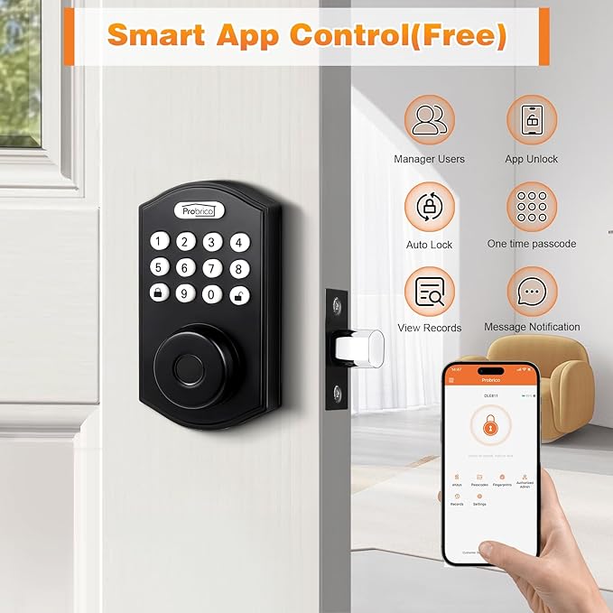 Probrico Fingerprint Smart Door Lock, Electronic Keypad Deadbolt Lock, Keyless Entry Smart Deadbolt Lock for Front Door, APP Control, Auto Lock, Black
