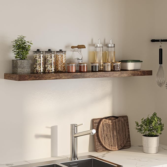 Floating Shelves for Wall, 55"W x 9.3"D x 1.5"H, Long Wooden Wall Mounted Display Shelf with Invisible Brackets for Living Room, Bedroom, Bathroom, Kitchen Decor & Storage,Set of 1,Rustic Brown