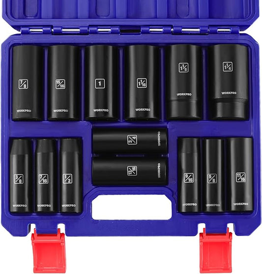 WORKPRO 14-Piece 1/2＂ Drive Deep Impact Socket Set, 6-Point Impact Deep Socket Set with Heavy Duty Storage Case for Automotive and Mechanical Repairs, 3/8"-1-1/4", Cr-V Steel, SAE
