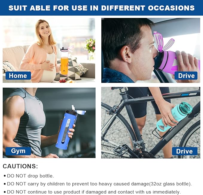 GOPPUS Glass Water Bottles with Straw and Flip Lid, Motivational Water Bottles with Time Marker Reminder and Silicone Sleeve, Leakproof, BPA Free (32 oz, Blue)