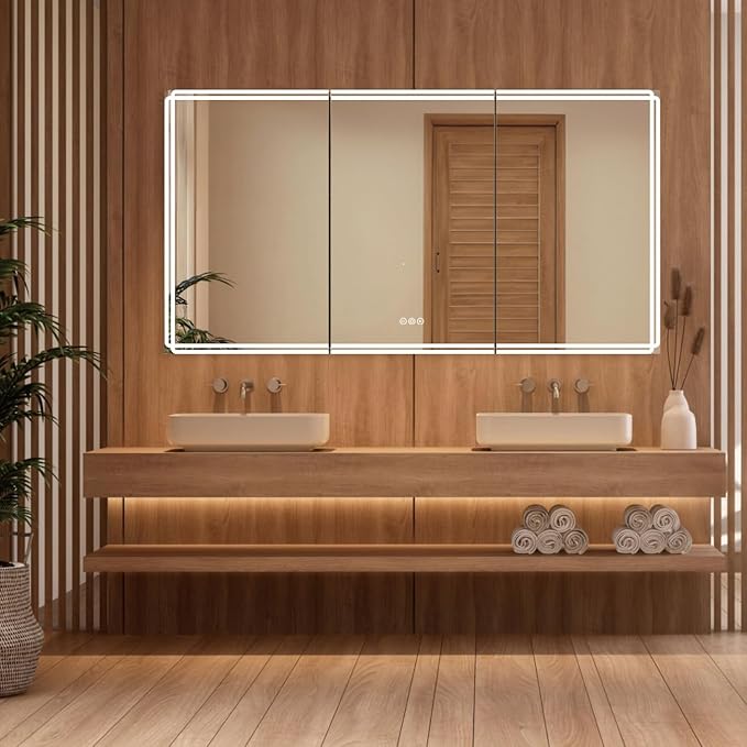 Buruis 60'' x 32'' Medicine Cabinet with Lights and Mirrors, Recessed or Wall Mounted Modern Bathroom Cabinet with 3-Mode Light, Anti-Fog, Dimmable, Memory Function, Outlet, Silver