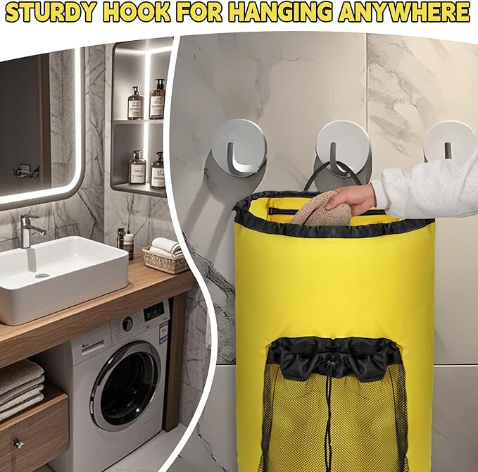 Laundry Bag Backpack with Shoulder Straps and Mesh Pocket Foldable Laundry Hamper for College, Apartment, Laundromat (Yellow)