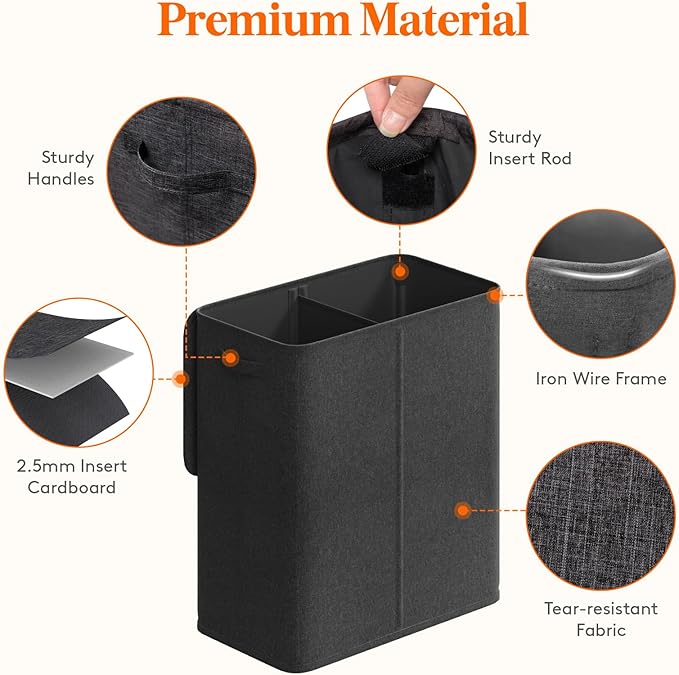 Lifewit Double Laundry Hamper with Lid and Removable Laundry Bags, Large Collapsible 3 Dividers Dirty Clothes Basket with Handles for Bedroom, Laundry Room, Closet, Bathroom, College, 145L Dark Gray