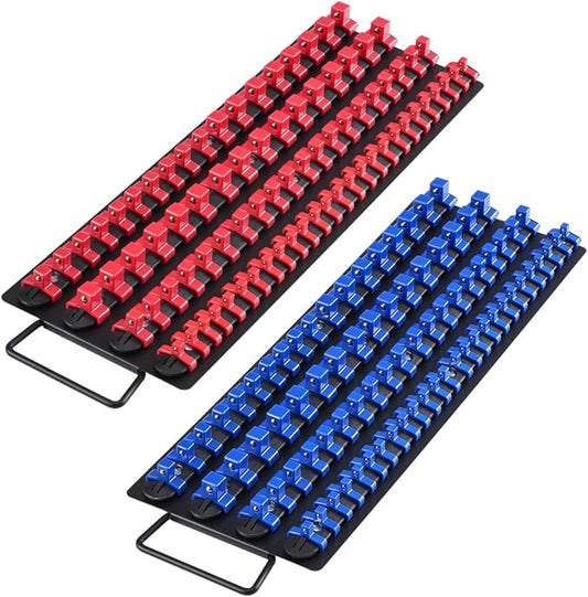 VEVOR Portable Socket Organizer Tray, 2PCS Metric & SAE Socket Organizer Set Hold up to 160 Sockets, 1/4", 3/8" and 1/2" Heavy-Duty Socket Rail with Handle & Steel Base for Tool Box Drawer