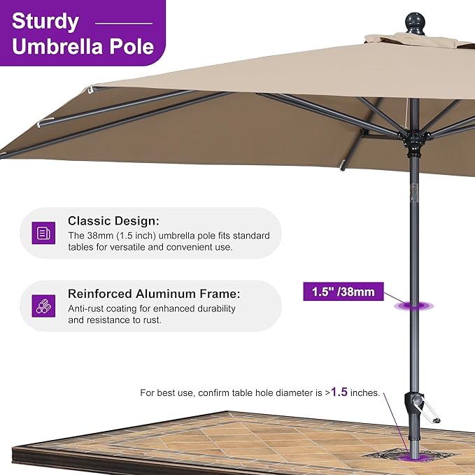 PURPLE LEAF 9' x 6' Rectangular Patio Umbrella Outdoor Table Umbrella Aluminum Frame Market Umbrella Sun Umbrella with 8 Sturdy Ribs Tilt for Garden Deck Lawn Pool Taupe