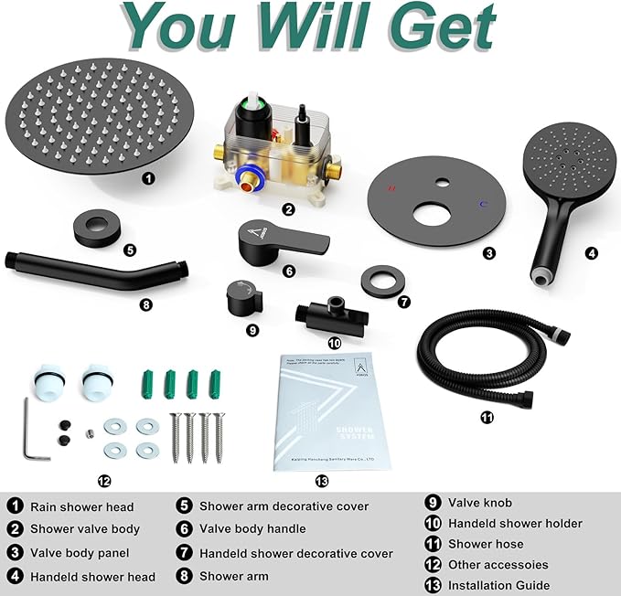 Shower Faucet Set 12IN Brass Rough-In Valve Body Trim Kit Rainfall Included Handle Accessories Complete 2 Functions with Rain Head and Handheld Bathroom Systems (12'', Matte Black)