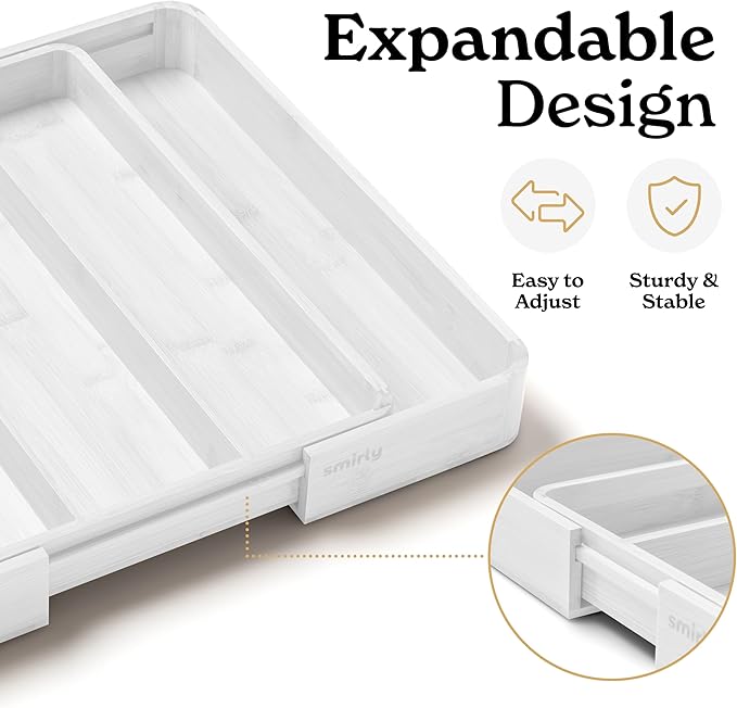 SMIRLY Silverware Drawer Organizer – Bamboo Kitchen Drawer Organizer, Adjustable Utensil Holder and Cutlery Tray, Drawer Dividers for Flatware and Kitchen Utensils