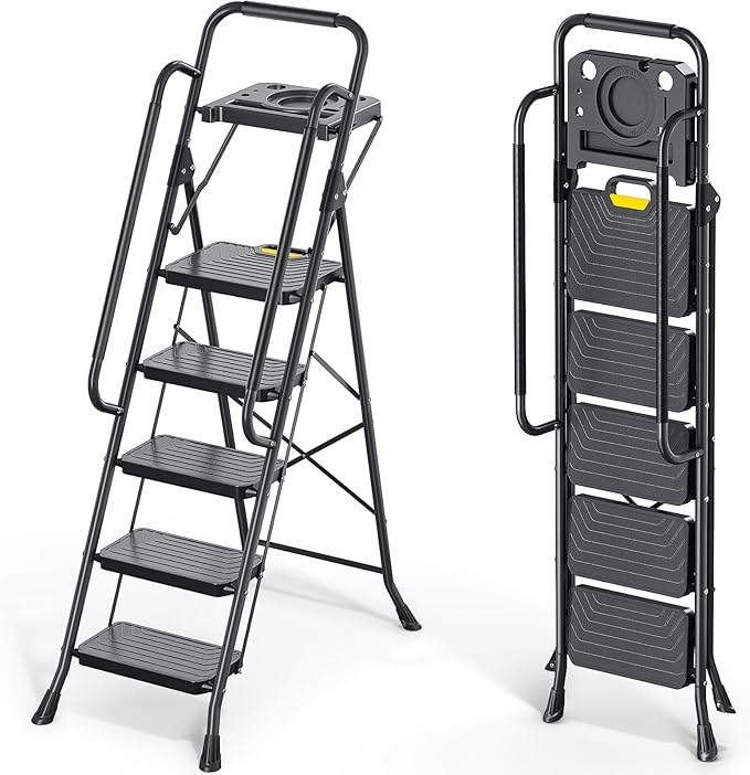 KINGRACK 5 Step Ladder, Sturdy Steel Step Stool with Anti-Slip Wide Pedals, Handrail, Safe-Lock Design, Pass 800lbs Load Testing, Folding Portable Ladder for Multi-Purpose, Home, Kitchen, Black