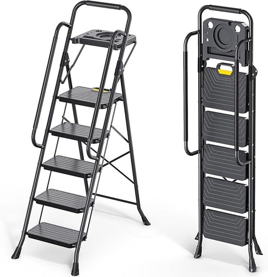 KINGRACK 5 Step Ladder, Sturdy Steel Step Stool with Anti-Slip Wide Pedals, Handrail, Safe-Lock Design, Pass 800lbs Load Testing, Folding Portable Ladder for Multi-Purpose, Home, Kitchen, Black