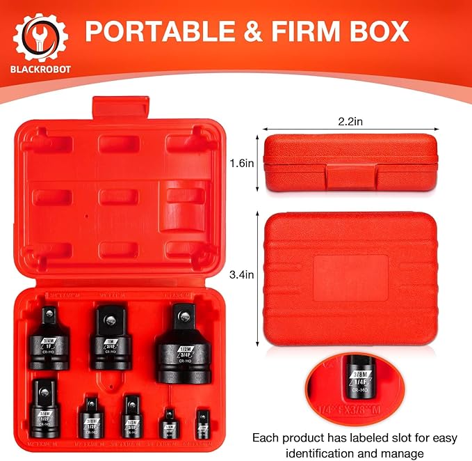 BLACKROBOT Impact Socket Adapter Set 8PCS, 1”3/4”1/2” 3/8”1/4”Square Drive, Reducer for Impact Driver Wrench Drive Conversion, Cr-Mo Steel Exceeds ANSI Standards with Portable Case