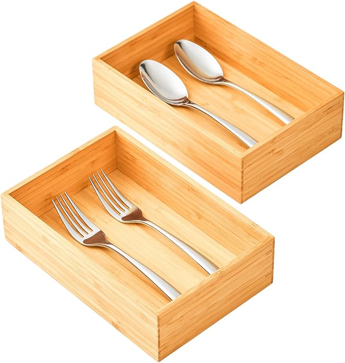 Umilife Bamboo Kitchen Drawer Organizer, Extra High Silverware Tray, Flatware Cutlery Storage Box, Multi-Use Holder in Office, Bathroom, Pantry - 9"x6"x2.5" (Set of 2)
