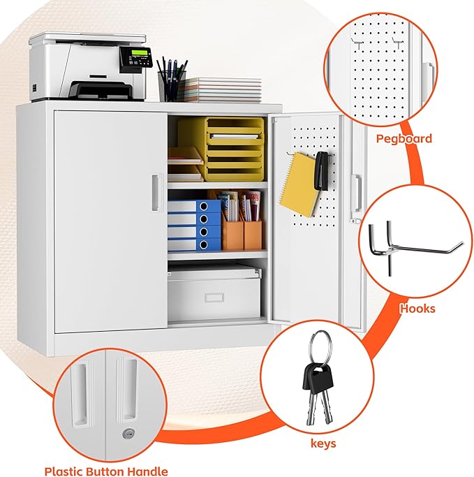 Metal Storage Cabinets with Pegboards and Hooks, 31.5" H Metal Garage Cabinets with Locking Doors and 2 Adjustable Shelves for Home,Office,Garage,School,Assembly Required,White