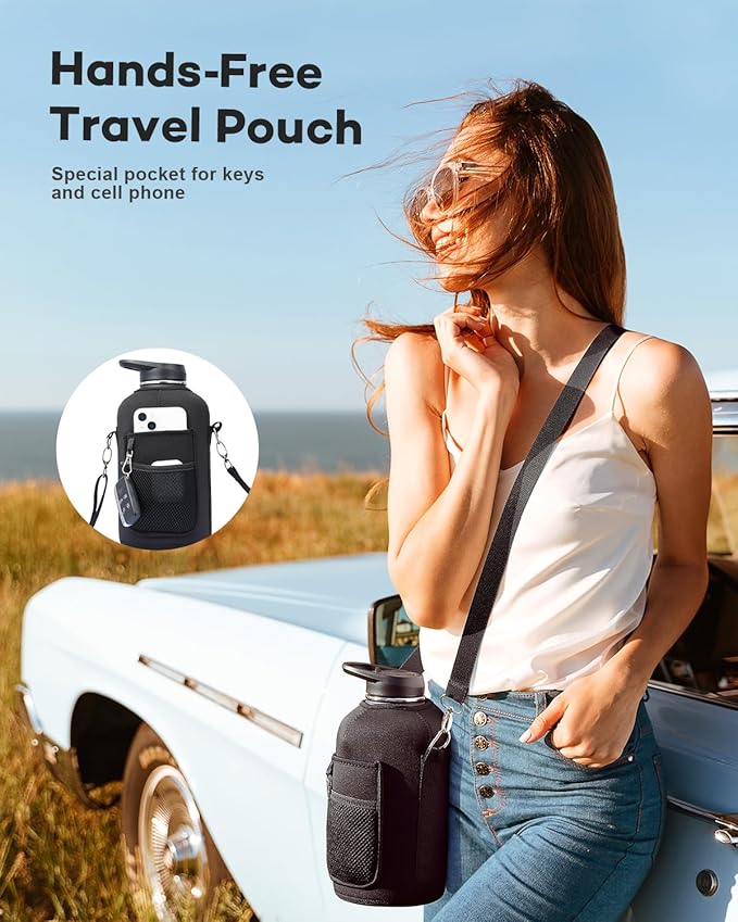 64 oz Insulated Water Bottle with Straw and Lid, Half Gallon Stainless Steel Cup with Handle,Leakproof Metal Travel Jug Flask Mug Tumbler Cup With Carry Pouch and Brush,Keep Cold & Hot,Grey