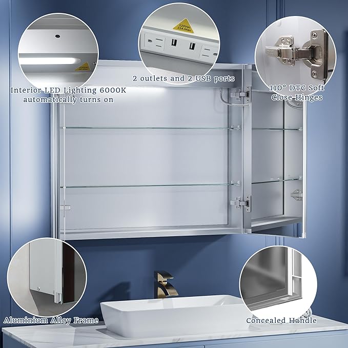 ExBrite LED Lighted Bathroom Medicine Cabinet with Mirror, 30 x 26 Inch, Recessed or Surface Mount, Anti-Fog, Stepless Dimming, Color Temperature Change, Built-in 6000K Sensor Light, Storage Shelves