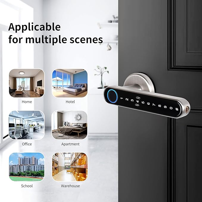 Smart Lock CATCHFACE Fingerprint Door Handle 5-1 Keyless Entry Door Lock,Smart Door Lock with Fingerprint/Code/Card/Key-Ideal for Front Door Hotel Office Office - Satin Nickel