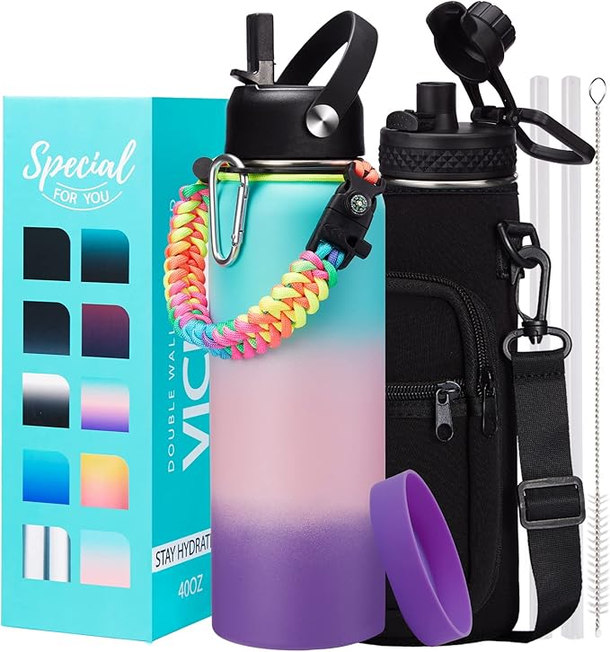 Stainless steel Water Bottle 40OZ - with Straw & Spout Lids, Paracord Handle, Shoulder Carrier Bag, Vacuum Insulated Water Jug, Leak Proof Metal Waterbottle for Sports Gym Yoga Workout Travel Hiking