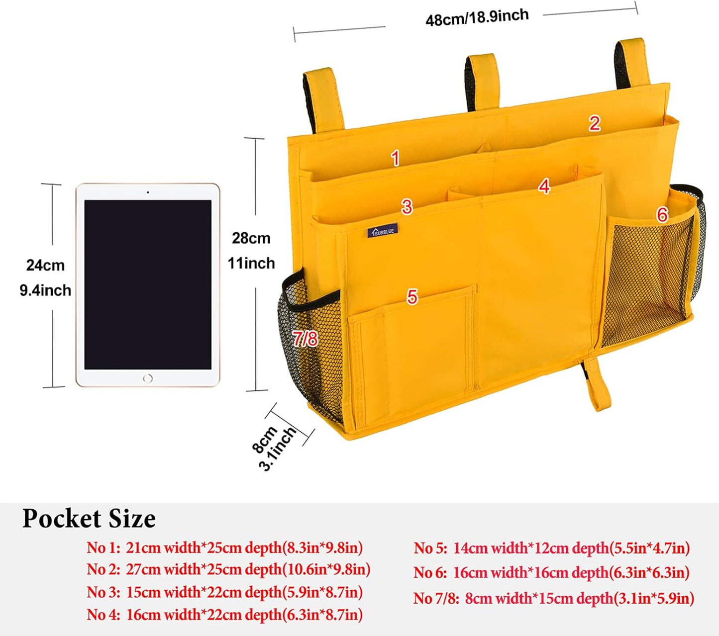 Surblue Caddy Hanging Organizer Bedside Storage Bag for Bunk and Hospital Beds, Yellow, L