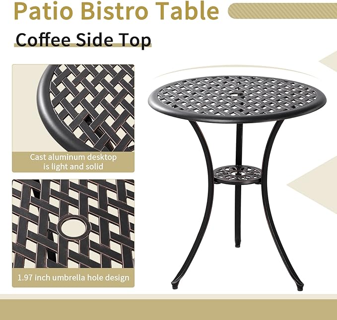 3 Piece Bistro Patio Set Cast Alumiunm Patio Furniture Set,All Weather Bistro Table and Chairs Set of 2 with 1.97" Umbrella Hole,Outdoor Patio Bistro Sets for Garden（Antique Bronze）