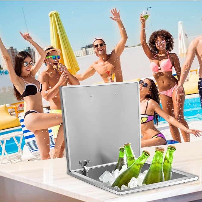 Upgraded Drop in Ice Chest, Stainless Steel Ice Cooler, Commercial Ice Bin with Cover, Outdoor Kitchen Ice Bar, Drain-Pipe and Drain Plug Included, for Cold Wine Beer
