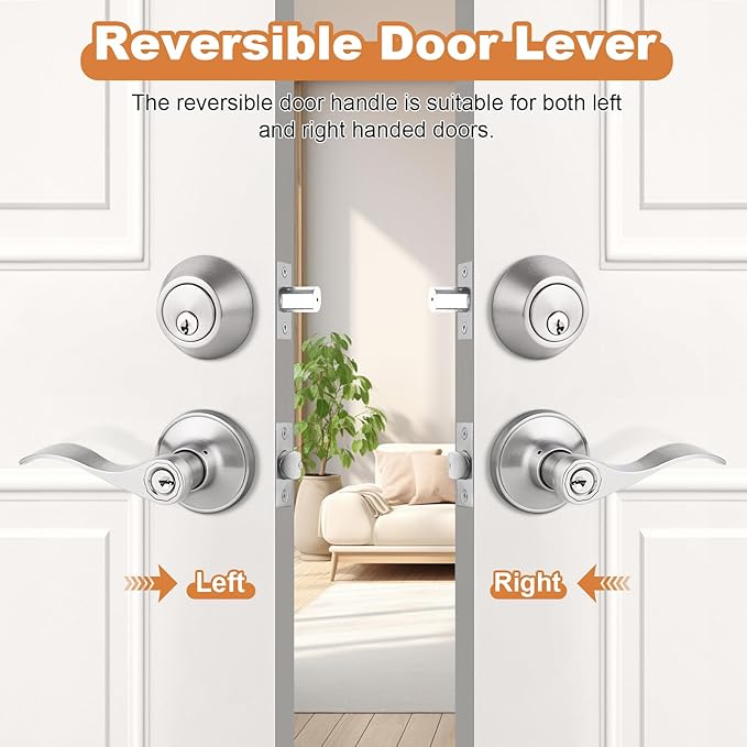 Probrico Drop Style Entry Door Handle Set with Single Cylinder Deadbolt in Satin Nickel Finish, Keyed Alike Lockset Handleset Combo Pack, Contemporary Style