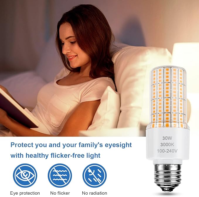 Led Light Bulb Equivalent 250w 2pcs Super Bright Led Bulbs, 3750 Lumen 3000k Warm Daylight White 30w Waterproof Led Corn Light Bulb E26/E27 Medium Base Light Bulb for Outdoor Indoor Garage Backyard