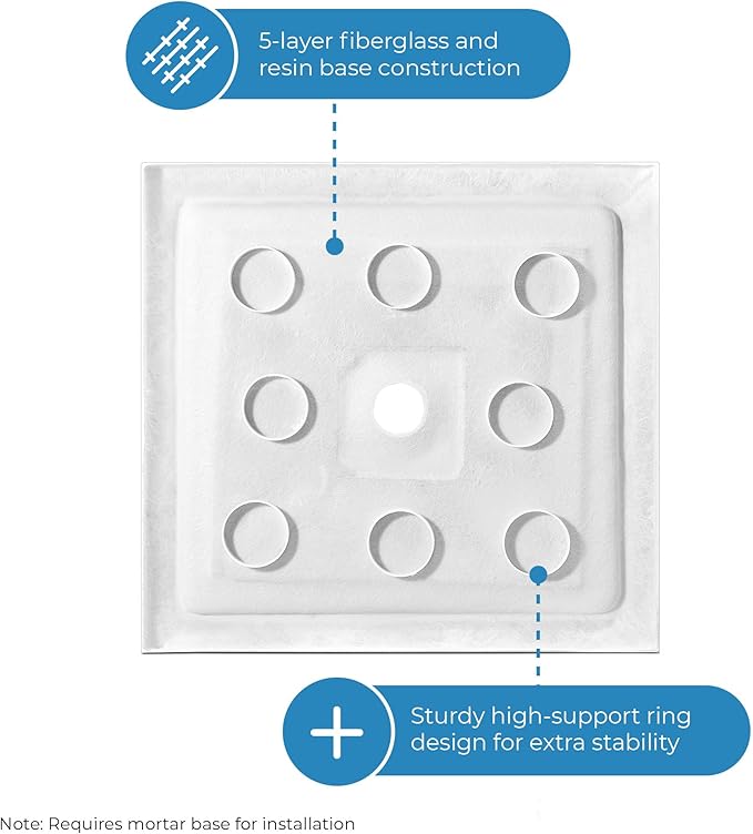 OVE Decors 38 in. W x 36 in. D Shower Base Pan Square, Center Drain, White Acrylic, Reversible Design