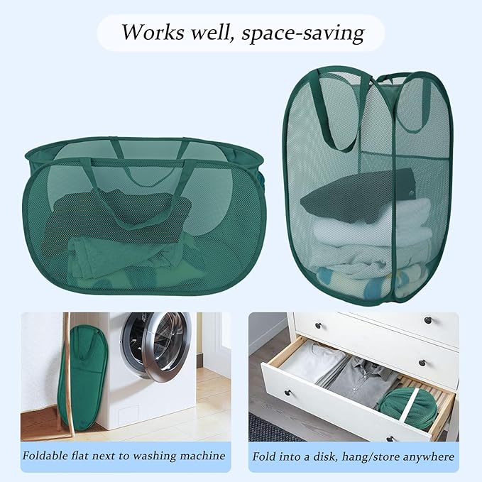 Upgraded Extra Large Mesh Pop Up Laundry Hamper 2 Pack, 100L Foldable Laundry Baskets, Dirty Clothes Hamper with Handles, Collapsible Hampers for Laundry Travel, Dorm or Home. Green