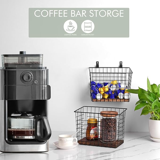 Wall Hanging Baskets 3 Pack, Large Diversified Wire Basket Shelves of Wooden Style, with Wall Mounted Metal Hooks & Traceless Stickers, for Kitchen Coffee Bar Office Room Garage Storage Organization