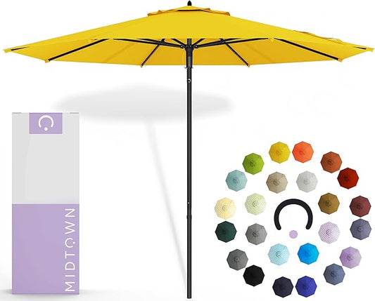 Midtown Umbrellas Push and Pop 9 Feet Outdoor Umbrella, Sunflower (Yellow) Polyester Fabric - Fiberglass Ribs Deck Patio Umbrella, Backyard Umbrella, Garden Umbrella & Pool Umbrella - Black Pole