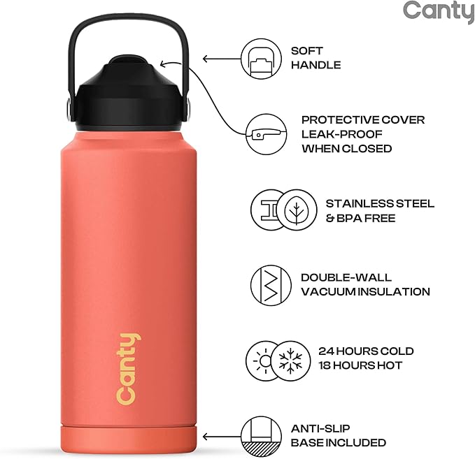 Canty Stainless Steel Water Bottle with Straw, Anti-Slip Base and Giftable Full Colored Box, Great for Travel (Onyx Black, 32 Oz)