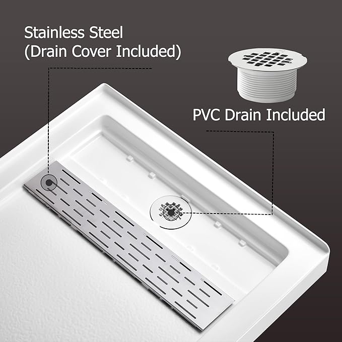 MORVANO Shower Base 60" x 32" Right Drain, Shower Pan Kit With Stainess Steel Cover, Non-Slip Acrylic in White, Brush Nickel for Bathroom