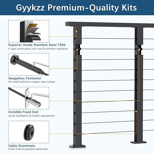 3 Pack Economical One-Stop Cable Railing Post Kits 36", Stainless Steel T304 Deck Railing System with Swageless Tensioner, Upgraded Black Powder Coated Level Drilled Post Kits with DIY Length