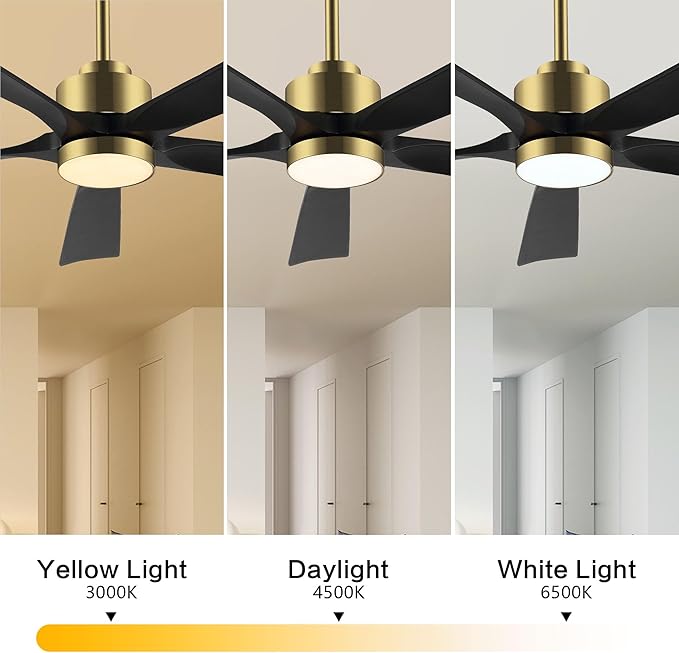60" Modern Ceiling Fan with Light and Remote Control, 5 Solid Wood Blades 6-Speed Noiseless Reversible DC Motor, Ceiling Fan for Bedroom Dinning Living Room, Gold Finish with Black Blades