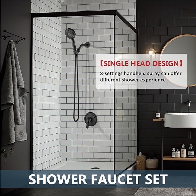 Aolemi Shower Faucet Set Rain Shower Head System Shower Trim Kit Pressure Rough-in Valve Included ABS 8 Setting Single Handheld Spray Matte Black