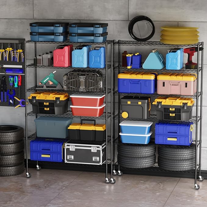 BestOffice | 6-Tier Wire Storage Shelves with Wheels | 48x18x77 | Black | Adjustable Racks | Heavy-Duty Metal Shelf, Holds Upto 600 lbs | No-Tool Assembly | Ideal for Home & Garage Shelving