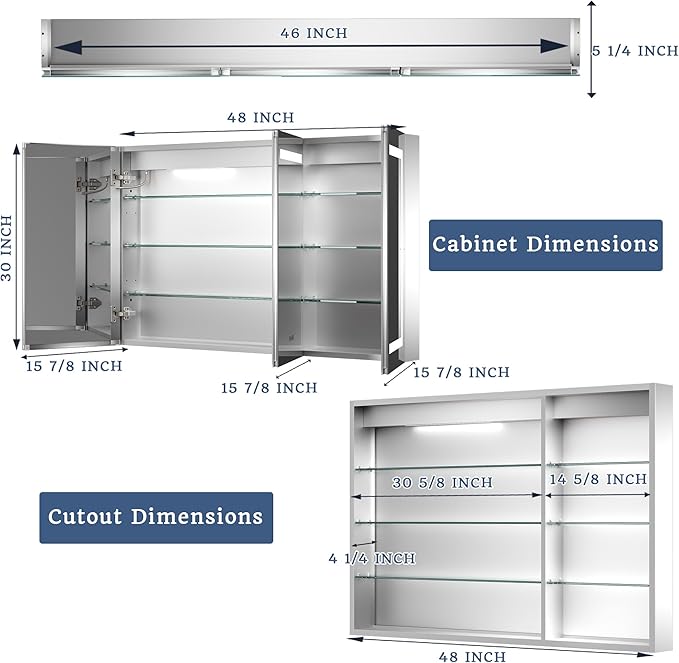 ExBrite LED Lighted Bathroom Medicine Cabinet with Mirror, 48 x 30 Inch, Recessed or Surface Mount, Anti-Fog, Stepless Dimming, Color Temperature Change, Built-in 6000K Sensor Light, Storage Shelves