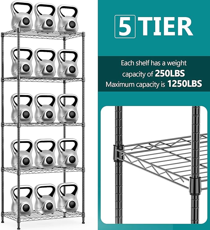 IZEUK 5-Tier Black Metal Storage Shelves, Adjustable Wire Shelving Unit for Kitchen, Bathroom, Pantry, Office, Garage, Organizer Wire Rack, 1250 lbs, 13.7" D x 23.6" W x 53.4" H