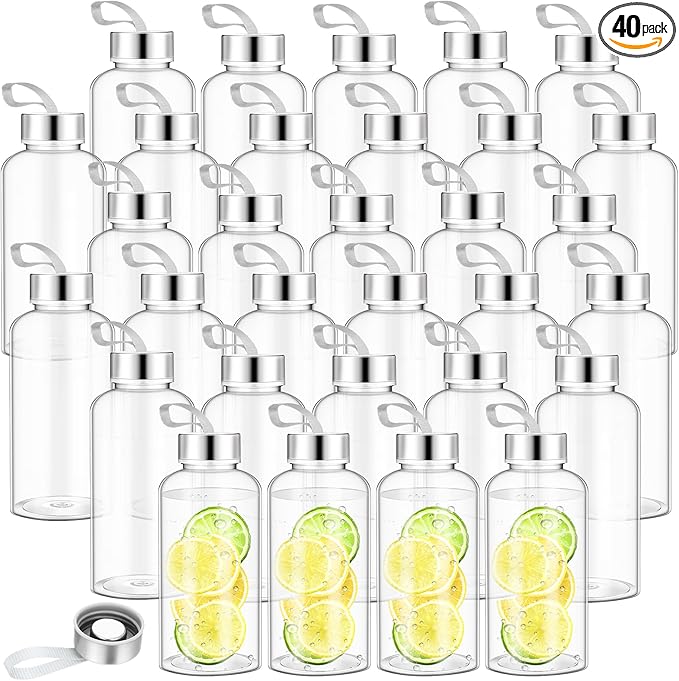 Zubebe 40 Pcs 20 oz Reusable Water Bottles Bulk Clear Bottles with Stainless Steel Leak Proof Lids Acrylic Bottles with Nylon Carrying Strap Shaker Bottles for Water, Milk, Smoothie, Juice Beverage