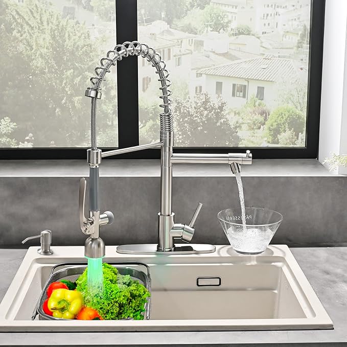 Fapully Commercial Kitchen Faucets with Pull Down Sprayer Brushed Nickel LED Single Handle Faucet for Kitchen Sink, Kitchen Faucet with Soap Dispenser and Deck Plack for 4 Hole
