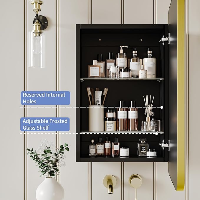 Vintage-Style Bathroom Wood Black Cabinet with 16.5''x24'' Brushed Gold Metal Frame Curved Mirror, Recessed Medicine Cabinet, Bathroom Storage Cabinet