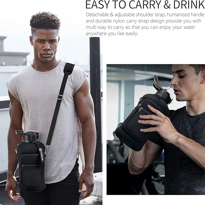 Fimibuke Half Gallon Water Bottle with Sleeve 64 OZ Water Bottle with Handle & Straw Leakproof Motivational Sports Gym Water Bottle with Time Marker BPA Free Water Jug with Reusable Neoprene Holder