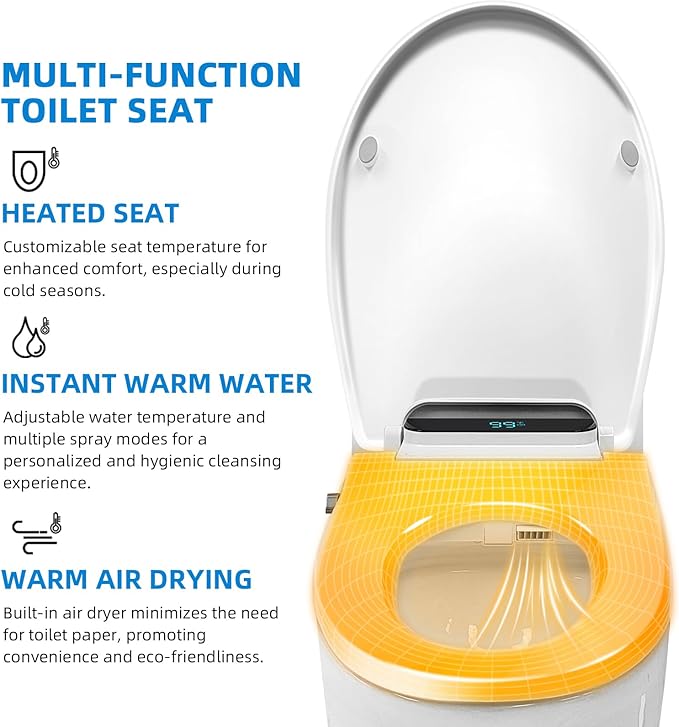 Heated Bidet Toilet Seat Elongated with LED Display & Remote Control - Smart Soft Close Toilet Seat Electric Bidet with Dryer, Warm Water, Feminine Wash, Self-Cleaning Nozzle, IPX4, White