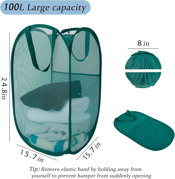 Upgraded 100L Extra Large Collapsible Laundry Baskets, 2 Pack XL Mesh Pop Up Laundry Hamper with Handles, Portable Travel Laundry Basket, Foldable Hamper. Green