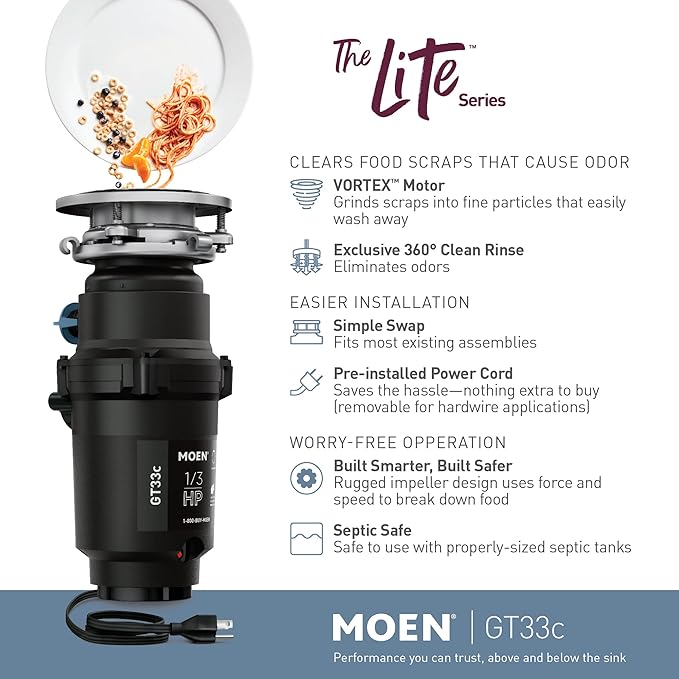Moen GT33C Lite Series 1/3 Horsepower Continous Feed Garbage Disposal featuring Fast Track Technology, Power Cord Included