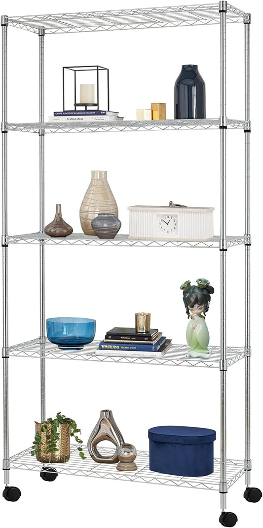 BestOffice | 5-Tier Wire Storage Shelves with Wheels | 14x30x60 | Chrome | Adjustable Racks | Heavy-Duty Metal Shelf, Holds Upto 220 lbs | No-Tool Assembly | Ideal for Home & Garage Shelving