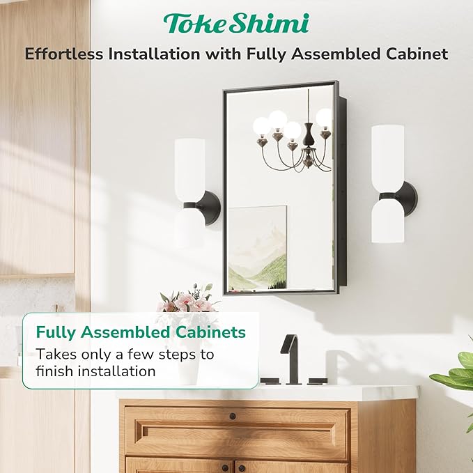 TokeShimi 36x24 Recessed Medicine Cabinet with Mirror Black, Beveled Bathroom Mirror with Storage Aluminum, Surface Mounted Metal Medicine Cabinets for Bathroom Vanity Wall