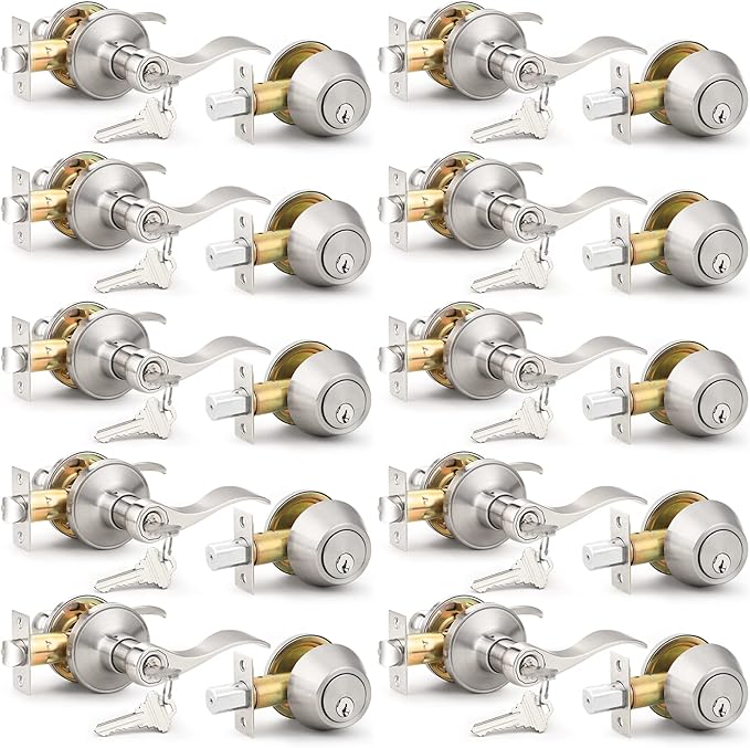 Probrico Exterior Door Lock Set with Deadbolt, Satin Nickel Front Door Handle Keyed Alike, Entry Door Lever Single Cylinder, 10 Sets